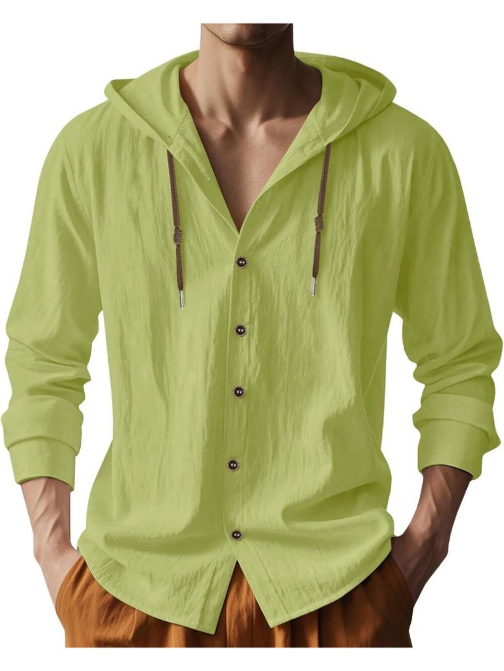 Men's Lime Green Cotton Linen Long Sleeve Casual Lightweight Button Down Hoodie
